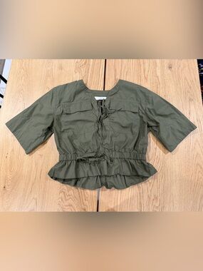 LOFT Olive Green Peplum Tie-Front Top 100% Cotton Natural Fiber